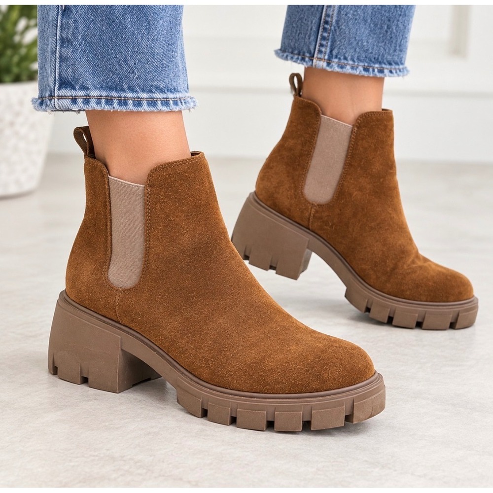 Steve Madden Howler Womens Lug Sole Chelsea Chunky Ankle Boots 9M Brown Suede